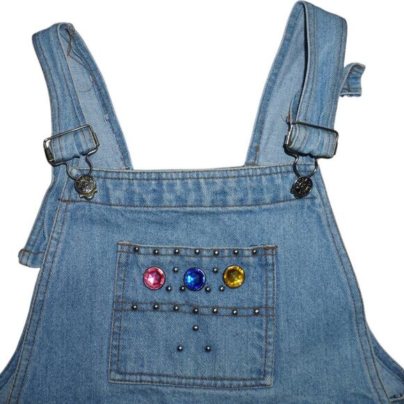 Vintage 90s Be Sister “Be Cool” Bedazzled Denim Overalls – Youth Size 12 - Picture 4 of 6